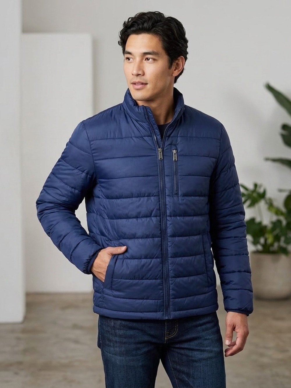 Kenneth Cole Reaction Men’s Full Zip Button Down Dark Blue Quilted Jacket Medium